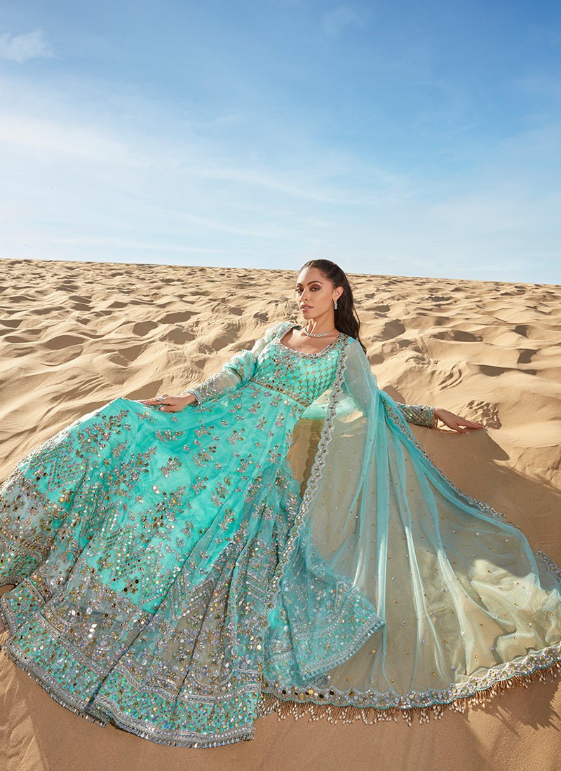 Mint Mirror Embroidered Organza Anarkali - Lashkaraa