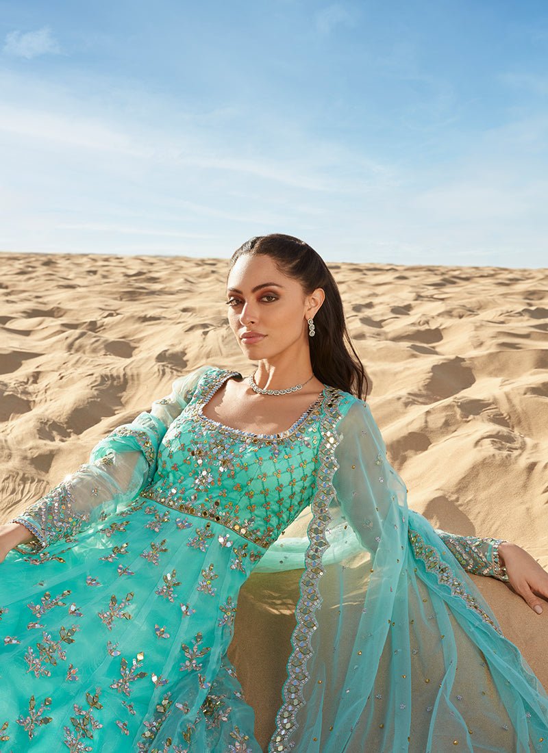 Mint Mirror Embroidered Organza Anarkali - Lashkaraa