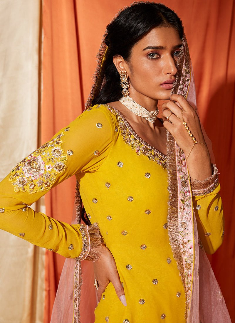 Mustard and Light Pink Georgette Gharara Suit - Lashkaraa