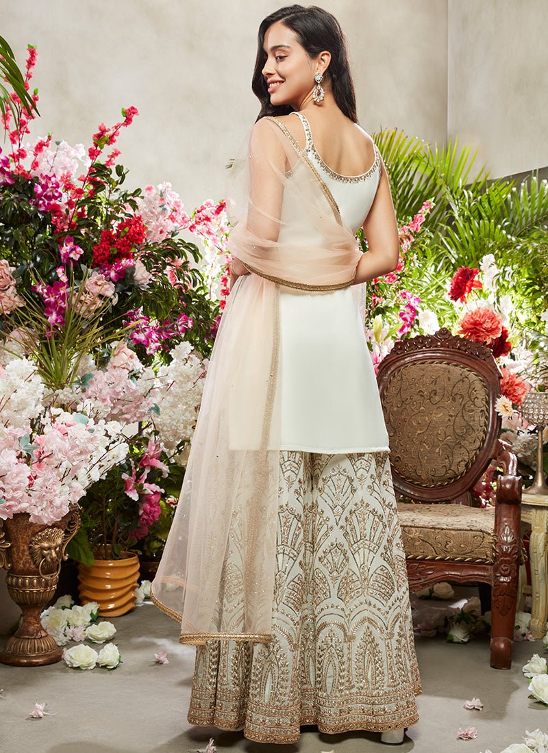 Off White and Gold Sharara Suit - Lashkaraa