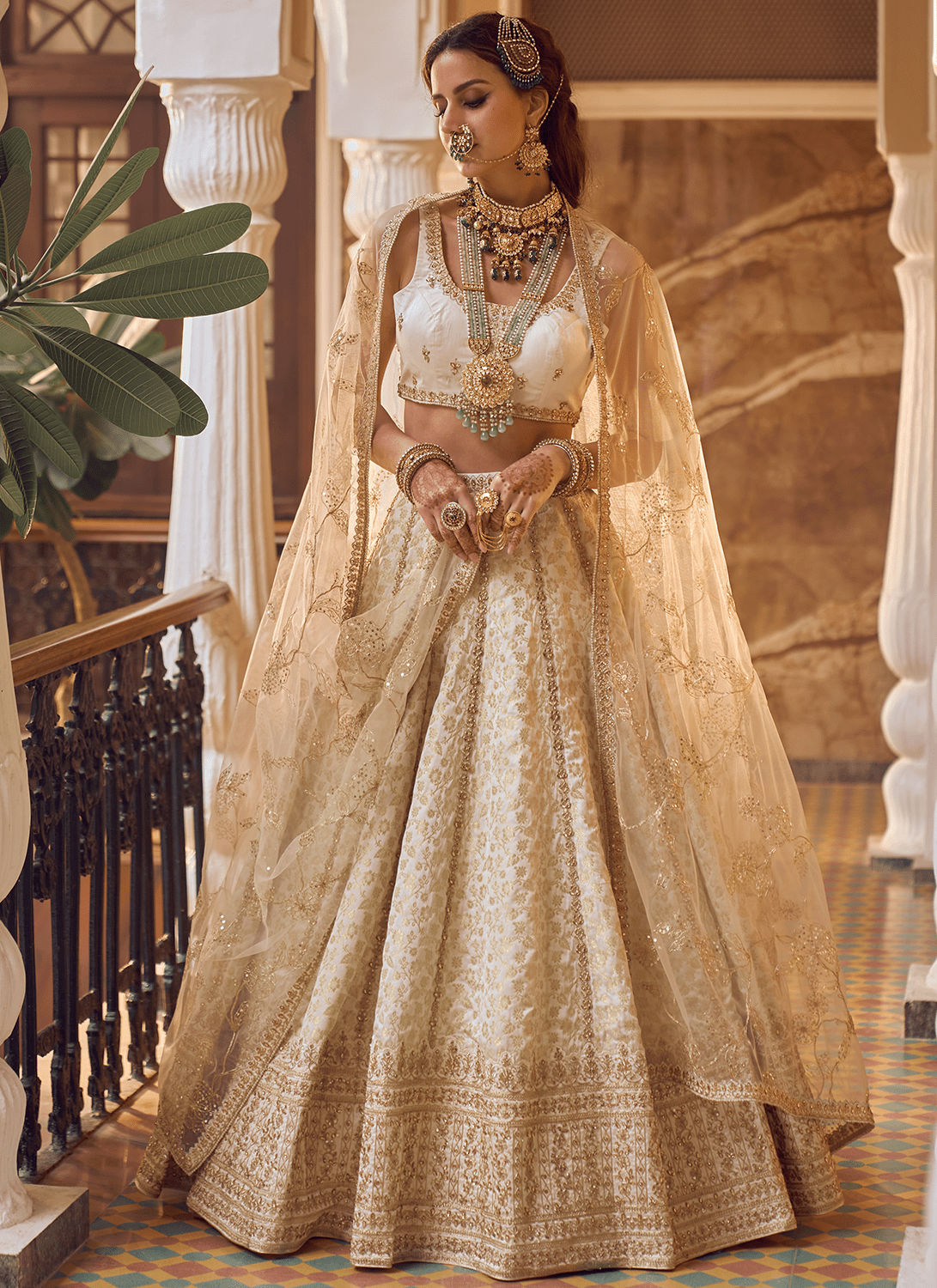 Off White Embroidered Brocade Lehenga - Lashkaraa
