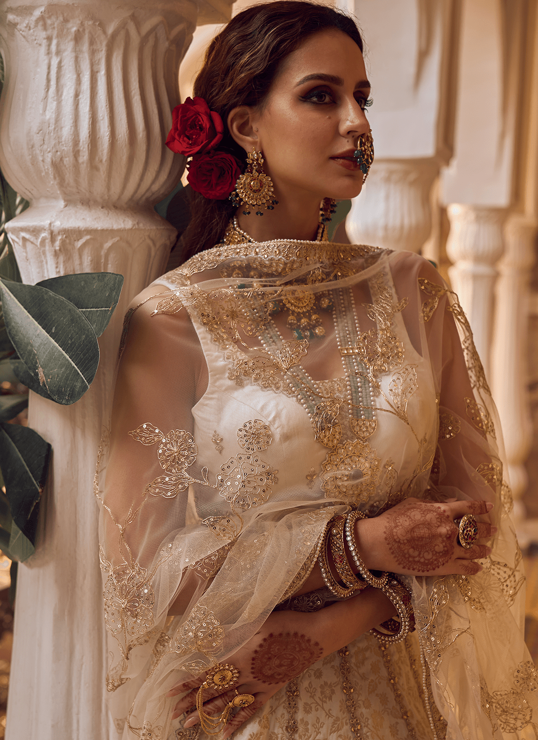 Off White Embroidered Brocade Lehenga - Lashkaraa