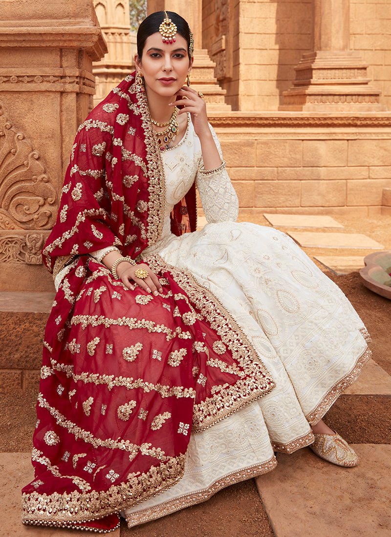 Off White Lakhnavi Anarkali With Maroon Dupatta - Lashkaraa