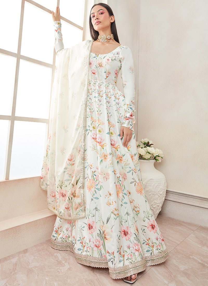 Off White Multicolor Floral Printed Anarkali - Lashkaraa