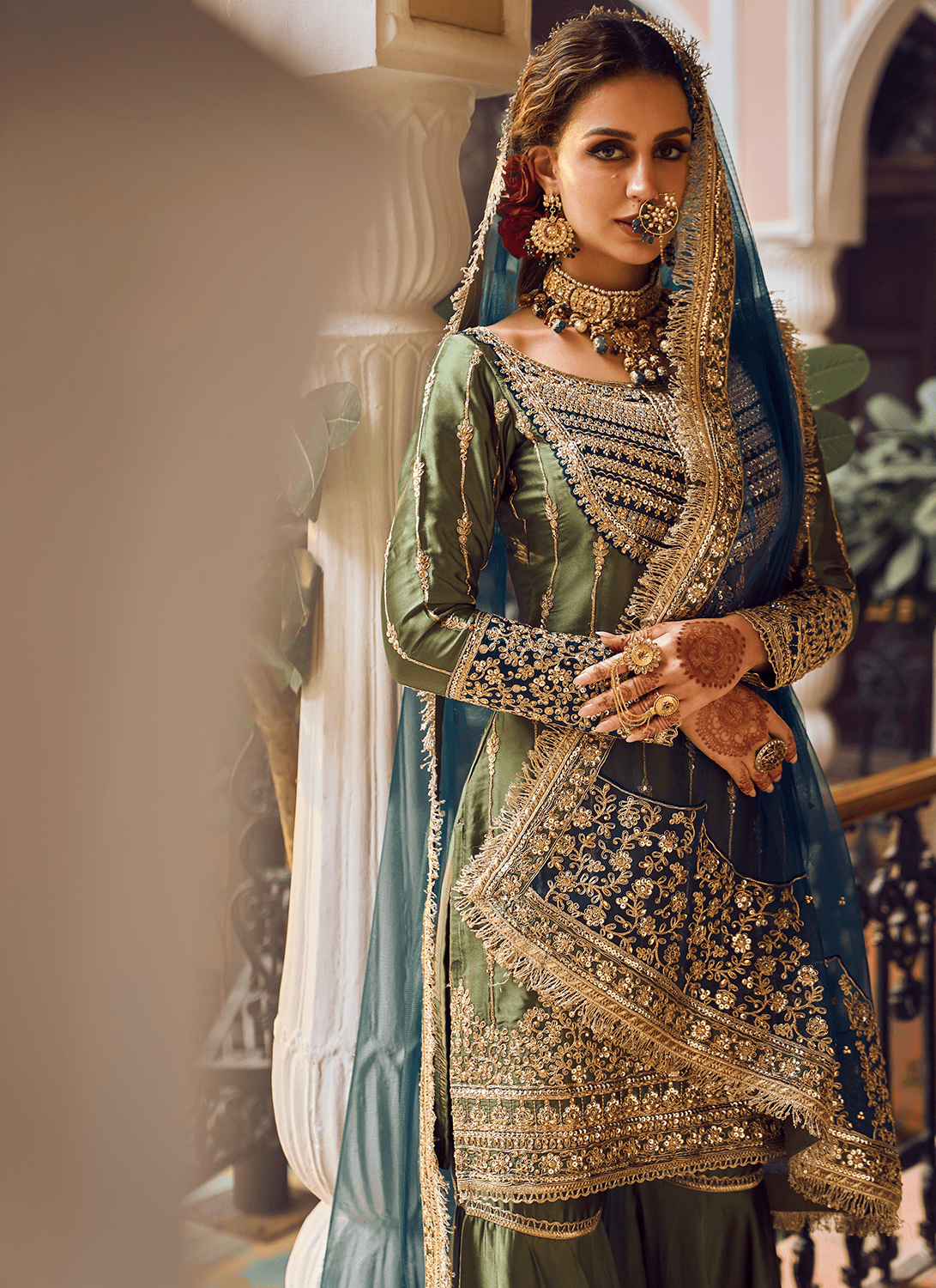 Olive Green and Blue Embroidered Gharara Suit - Lashkaraa