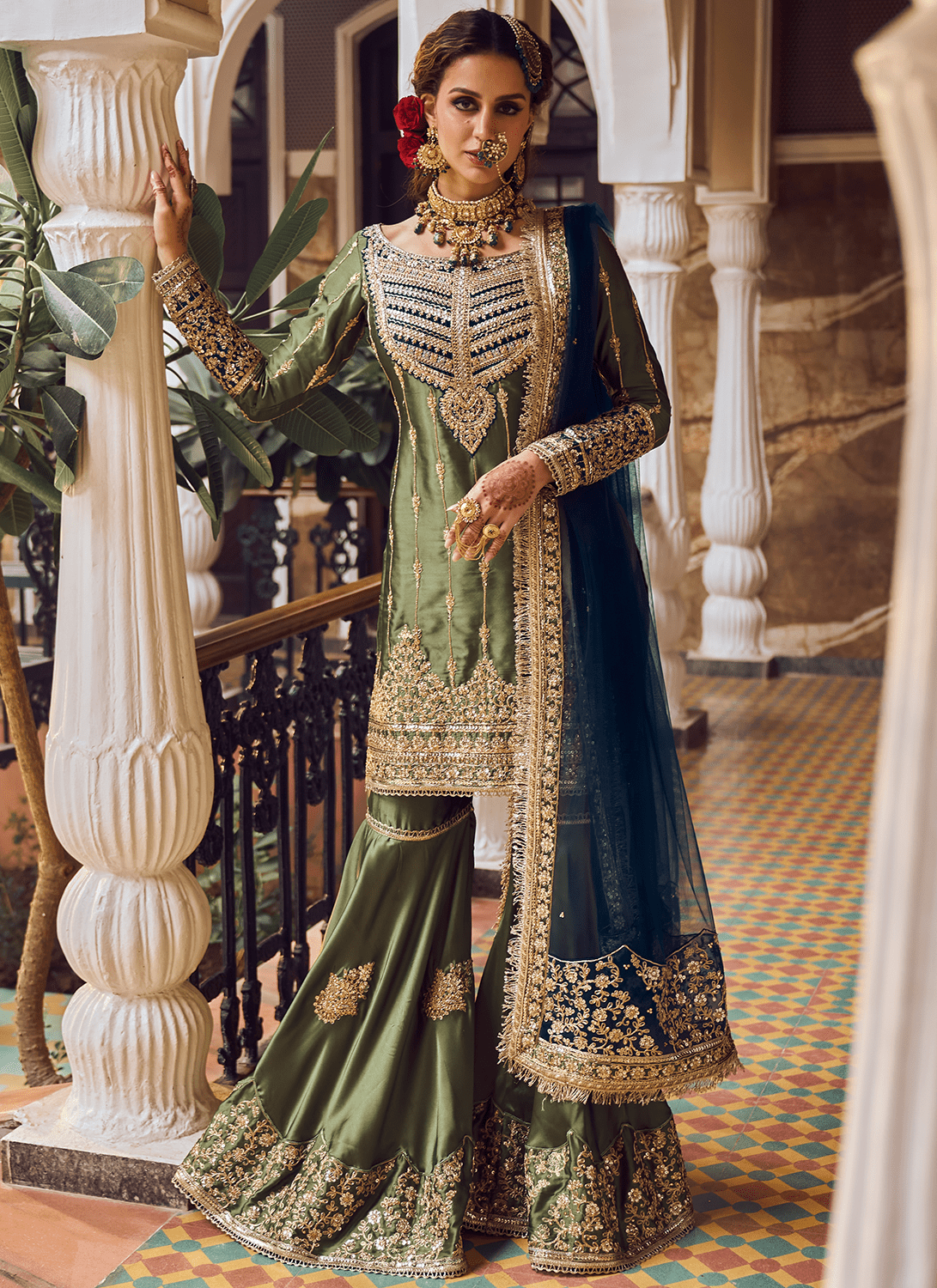 Olive Green and Blue Embroidered Gharara Suit - Lashkaraa