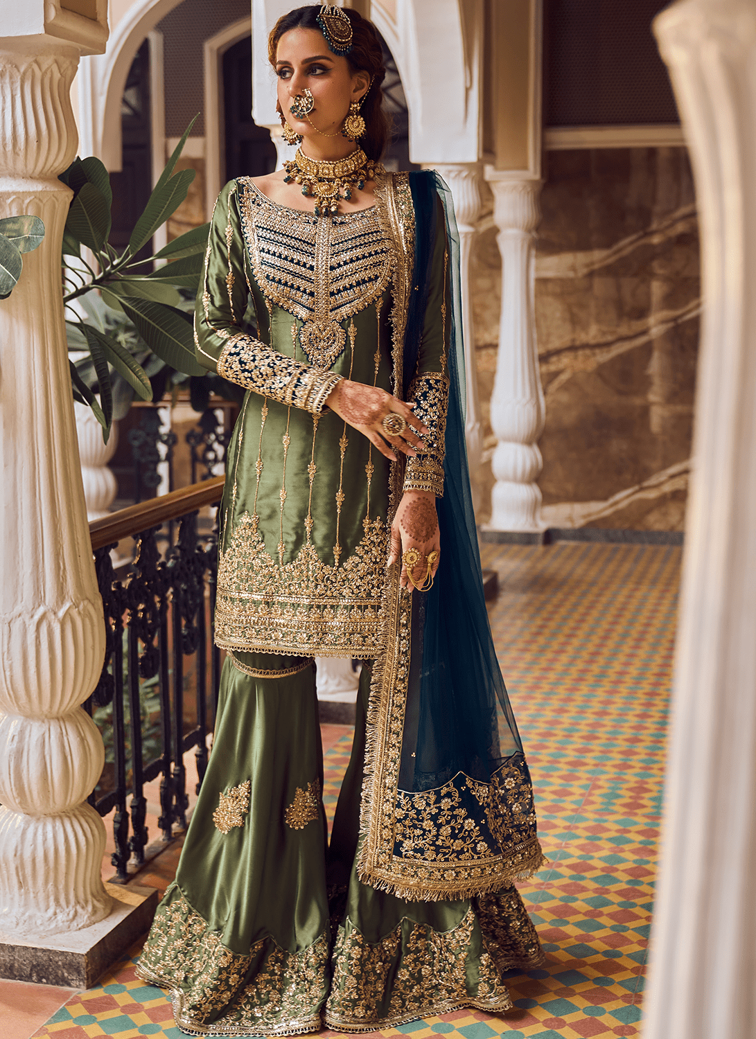 Olive Green and Blue Embroidered Gharara Suit - Lashkaraa