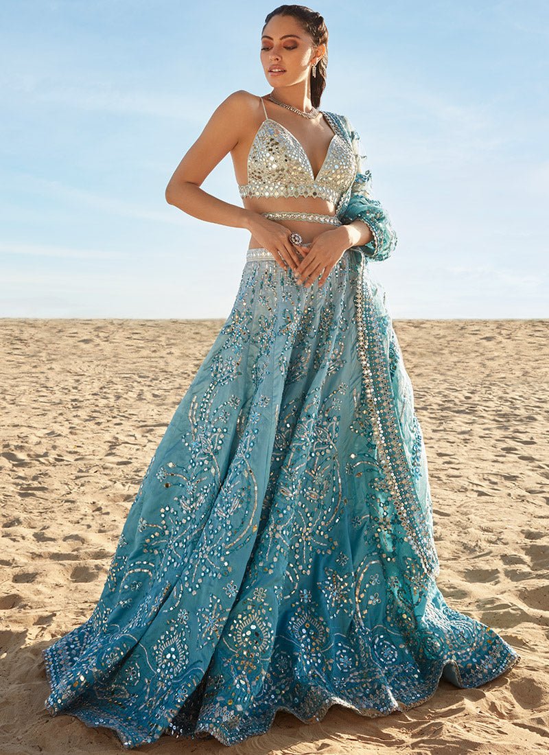 Ombré Blue Mirror Embroidered Silk Lehenga - Lashkaraa
