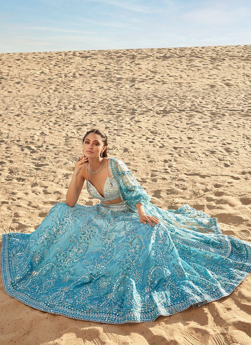 Ombré Blue Mirror Embroidered Silk Lehenga - Lashkaraa