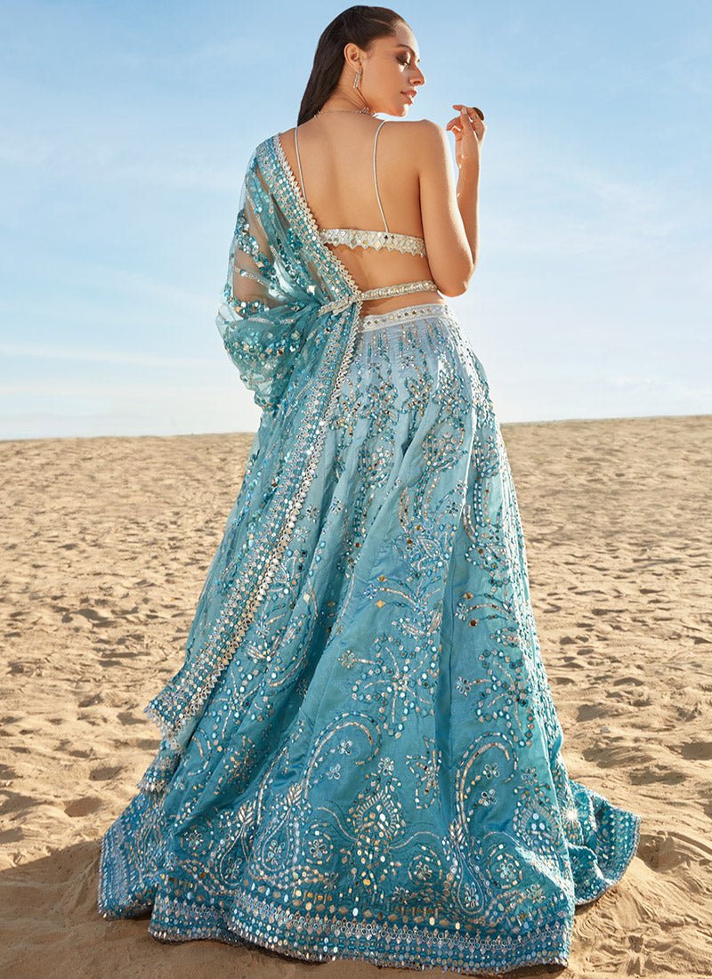 Ombré Blue Mirror Embroidered Silk Lehenga - Lashkaraa