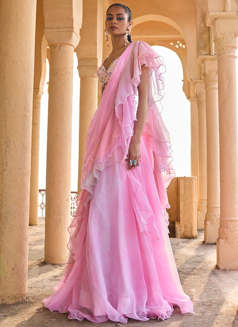 Ombre Pink Ruffled Chiffon Saree - Lashkaraa