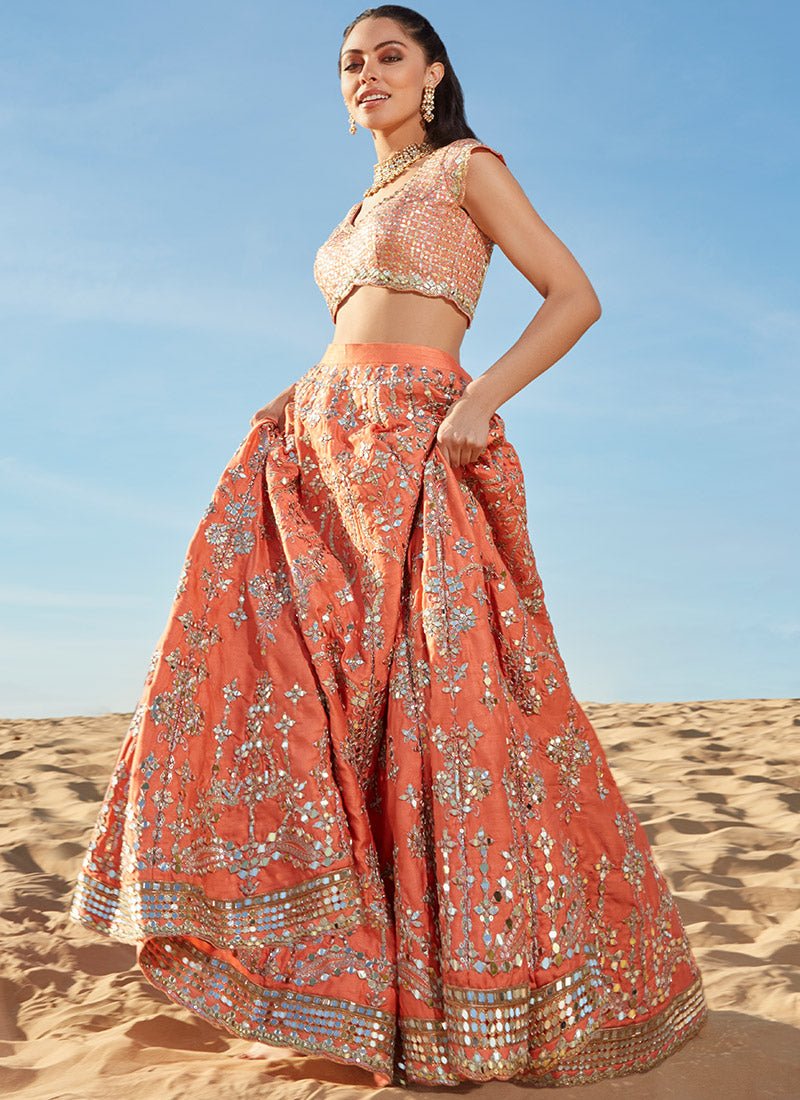 Orange and Mint Mirror Embroidered Silk Lehenga - Lashkaraa