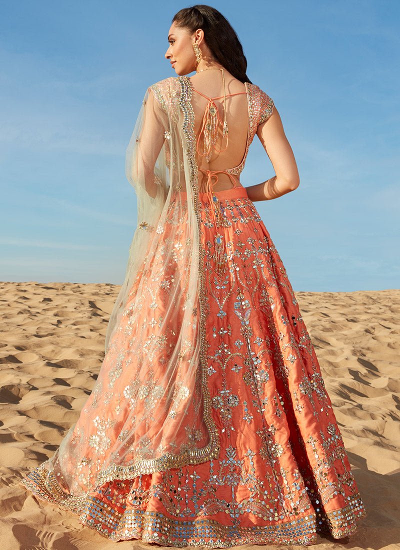 Orange and Mint Mirror Embroidered Silk Lehenga - Lashkaraa