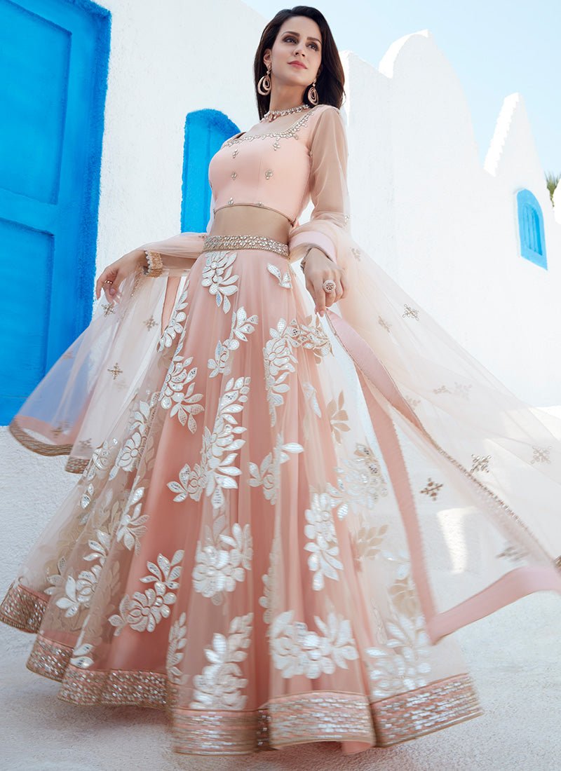 Peach Foil Embroidered Net Lehenga - Lashkaraa