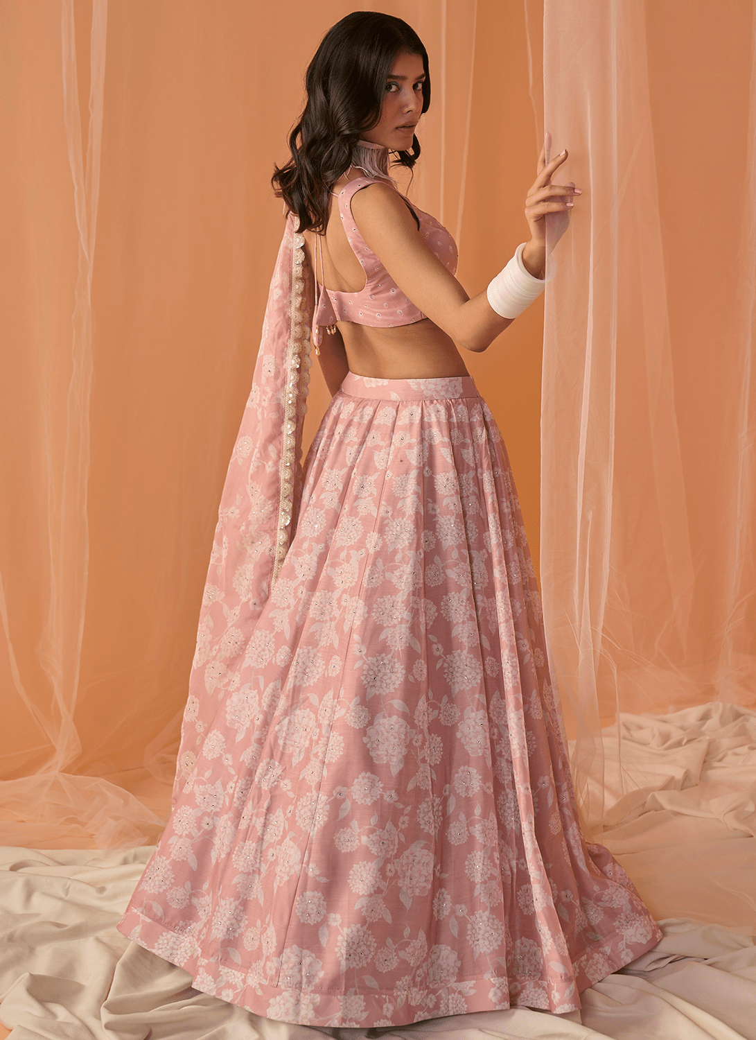 Peach White Floral Printed Lehenga - Lashkaraa