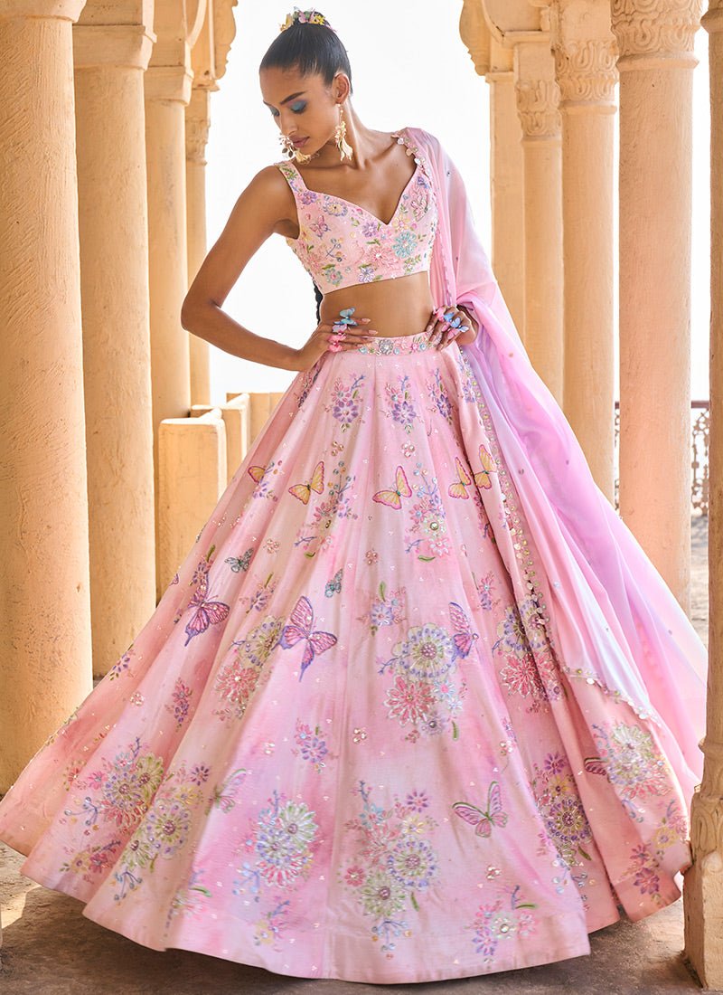 Peachy Pink Embellished Velvet Lehenga - Lashkaraa