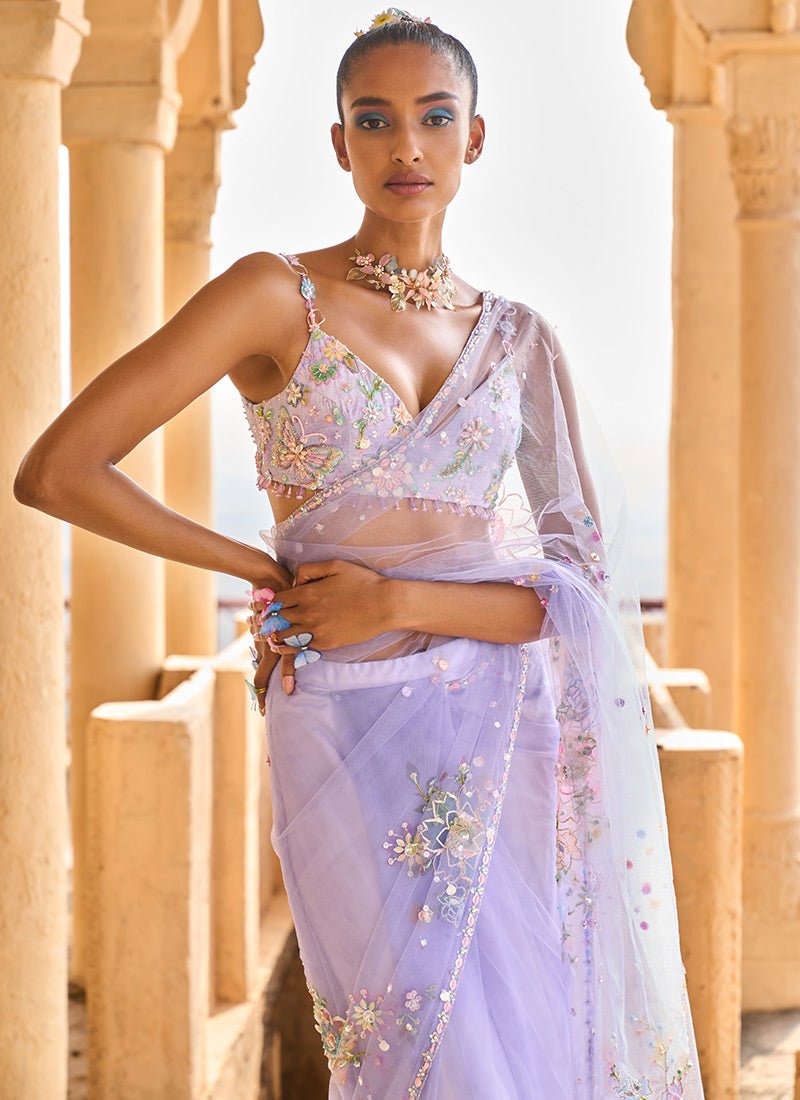 Periwinkle Embellished Net Saree - Lashkaraa