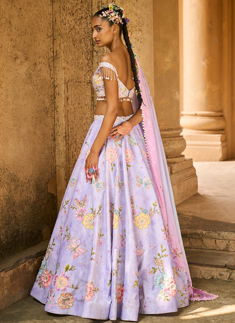 Periwinkle Embellished Velvet Lehenga - Lashkaraa