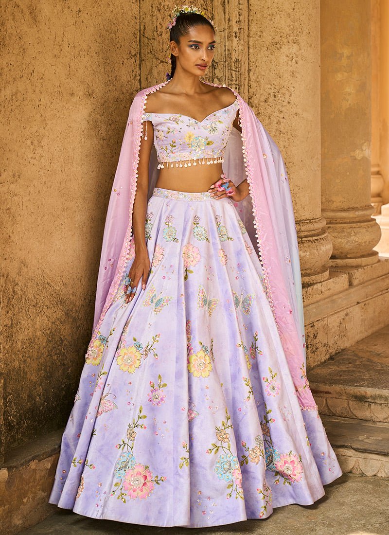 Periwinkle Embellished Velvet Lehenga - Lashkaraa