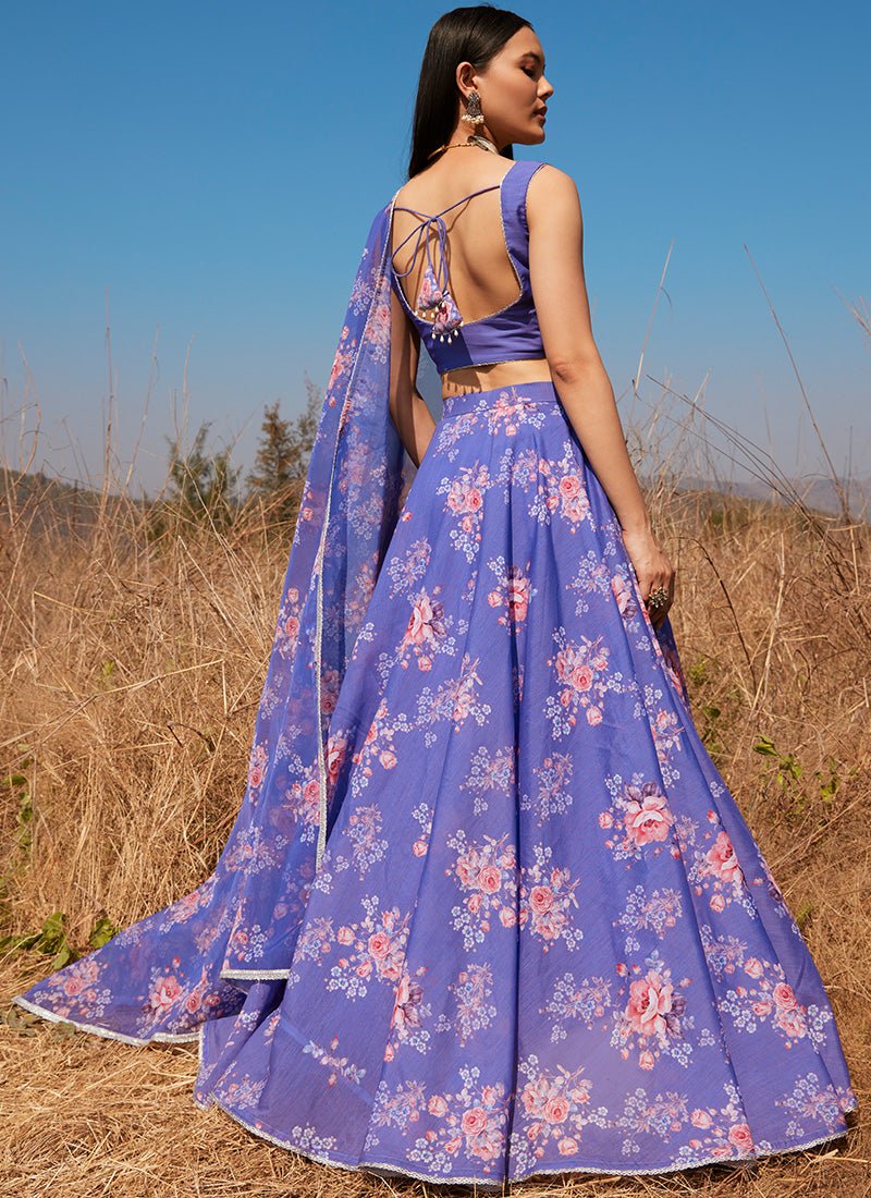 Periwinkle Floral Chanderi Lehenga - Lashkaraa