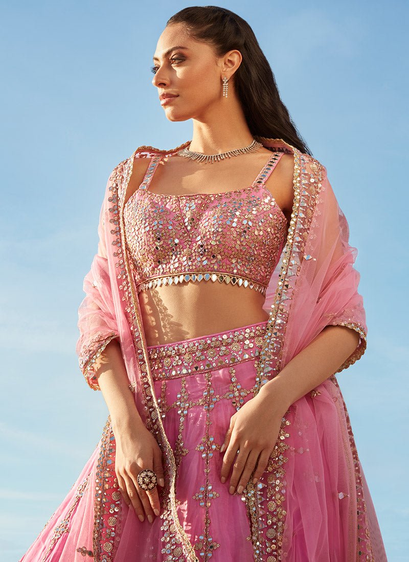 Pink Mirror Embroidered Organza Lehenga - Lashkaraa