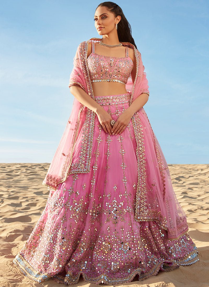 Pink Mirror Embroidered Organza Lehenga - Lashkaraa