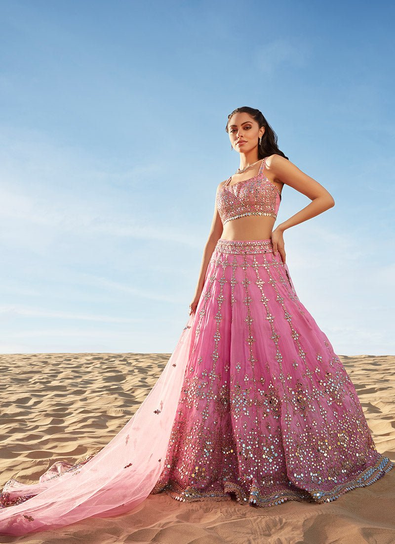 Pink Mirror Embroidered Organza Lehenga - Lashkaraa