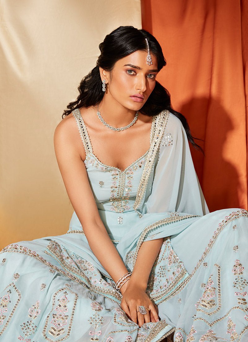 Powder Blue Embroidered Georgette Sharara Suit - Lashkaraa