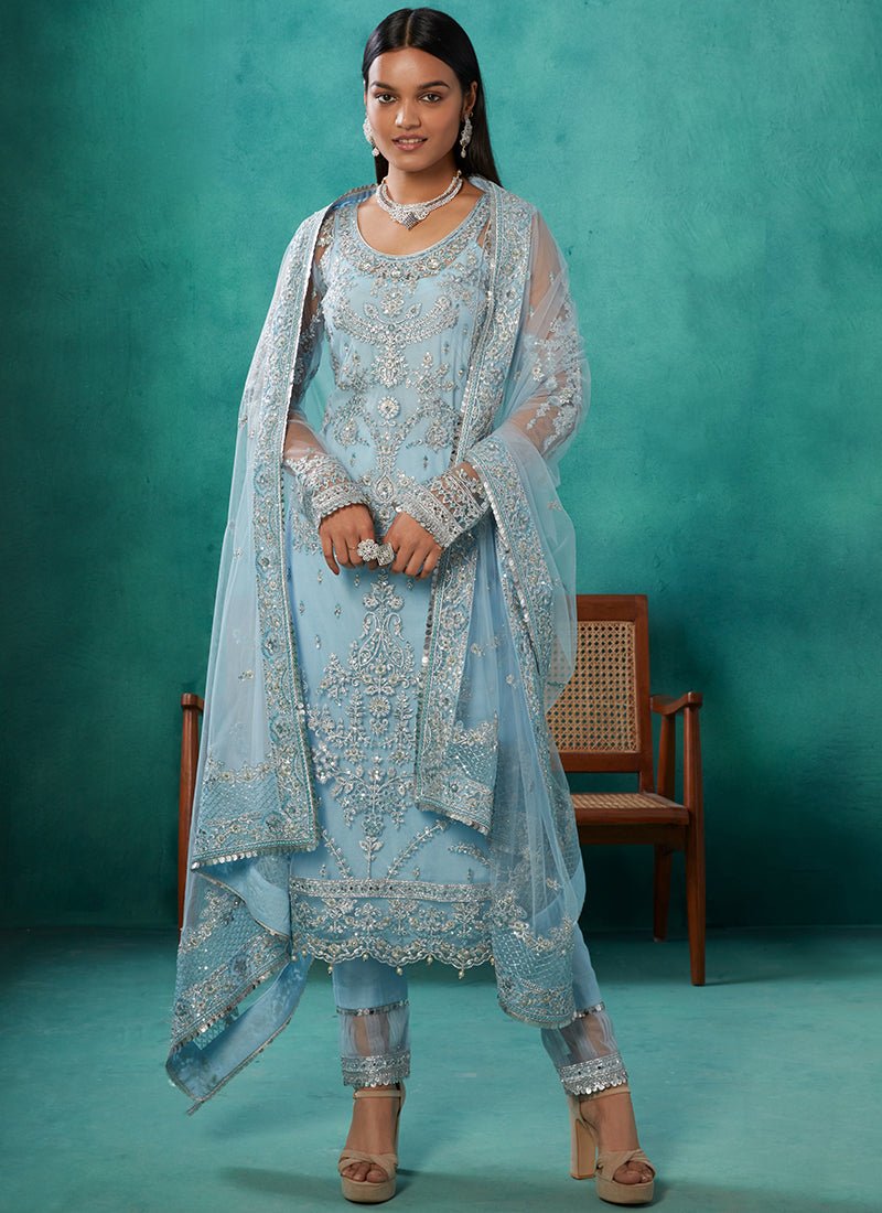 Powder Blue Heavy Embroidered Net Straight Suit - Lashkaraa