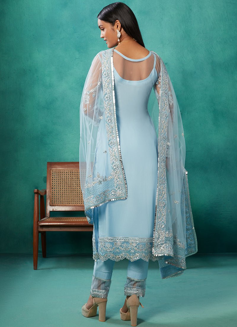 Powder Blue Heavy Embroidered Net Straight Suit - Lashkaraa