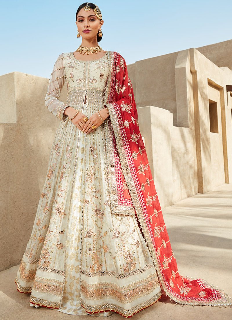Red and Off White Anarkali Style Lehenga - Lashkaraa