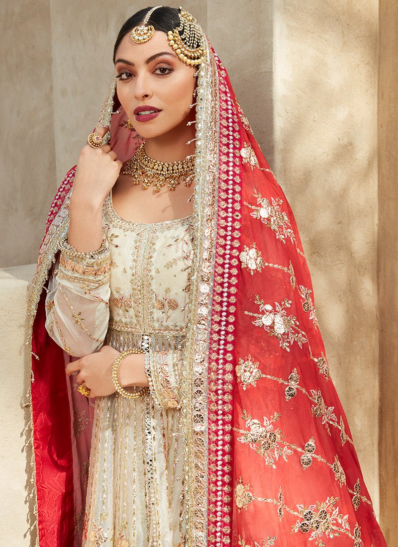 Red and Off White Anarkali Style Lehenga - Lashkaraa