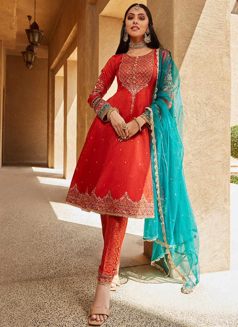 Red Orange and Teal Peplum Style Anarkali - Lashkaraa