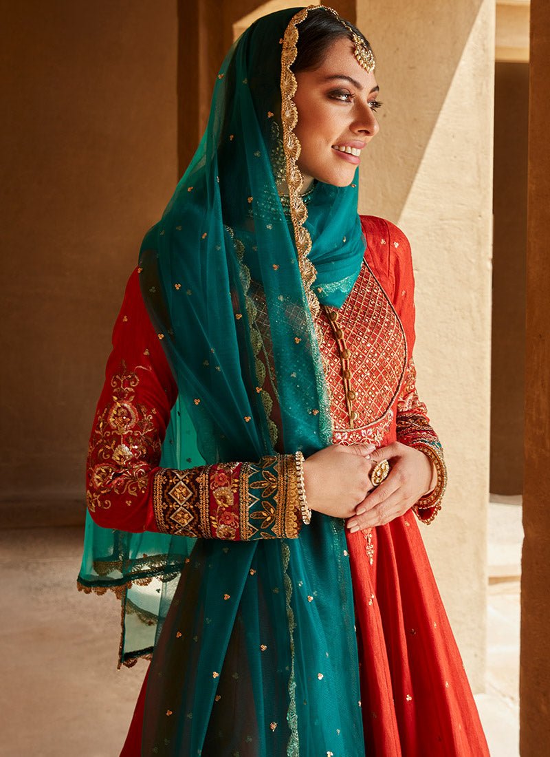 Red Orange and Teal Peplum Style Anarkali - Lashkaraa