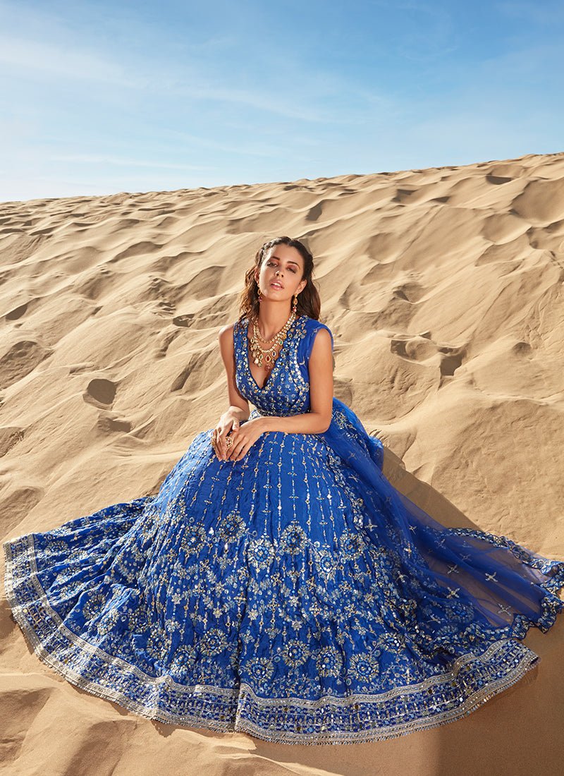 open lace back dress Jacquard Draped Dress with Organza Flowers FR 50 / Blue main image 1
