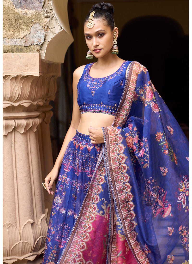 Royal Blue Printed Organza Lehenga - Lashkaraa