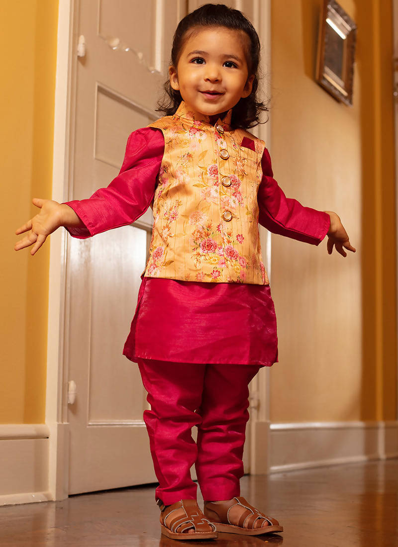 Kids Hot Pink and Yellow Floral Nehru Jacket Set