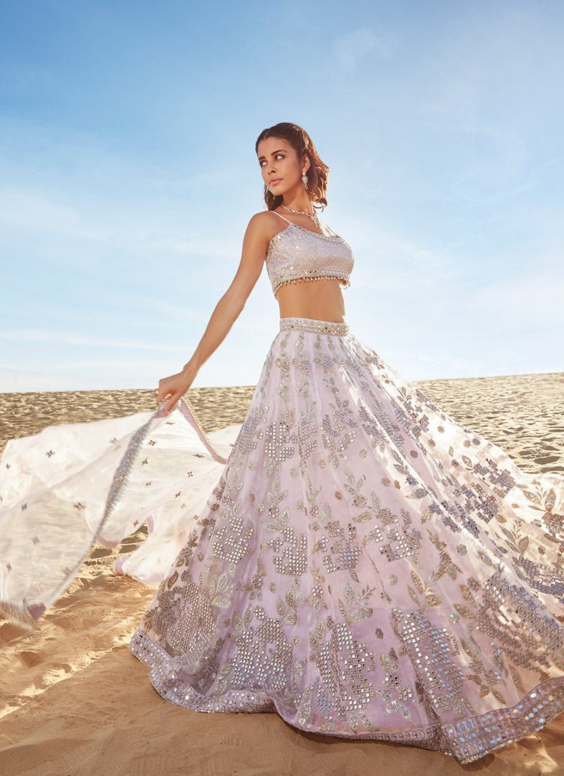 Soft Lavender Mirror Embroidered Organza Lehenga - Lashkaraa