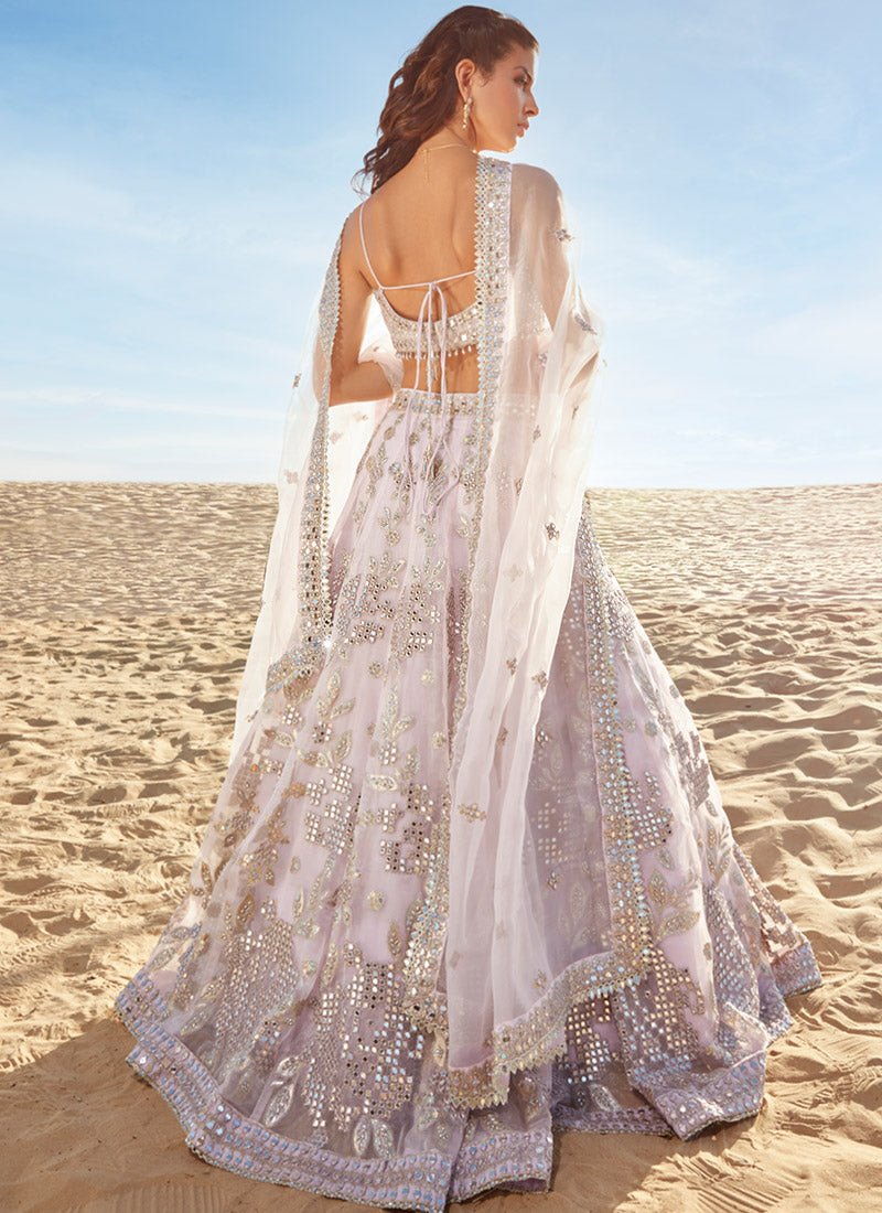 Soft Lavender Mirror Embroidered Organza Lehenga - Lashkaraa