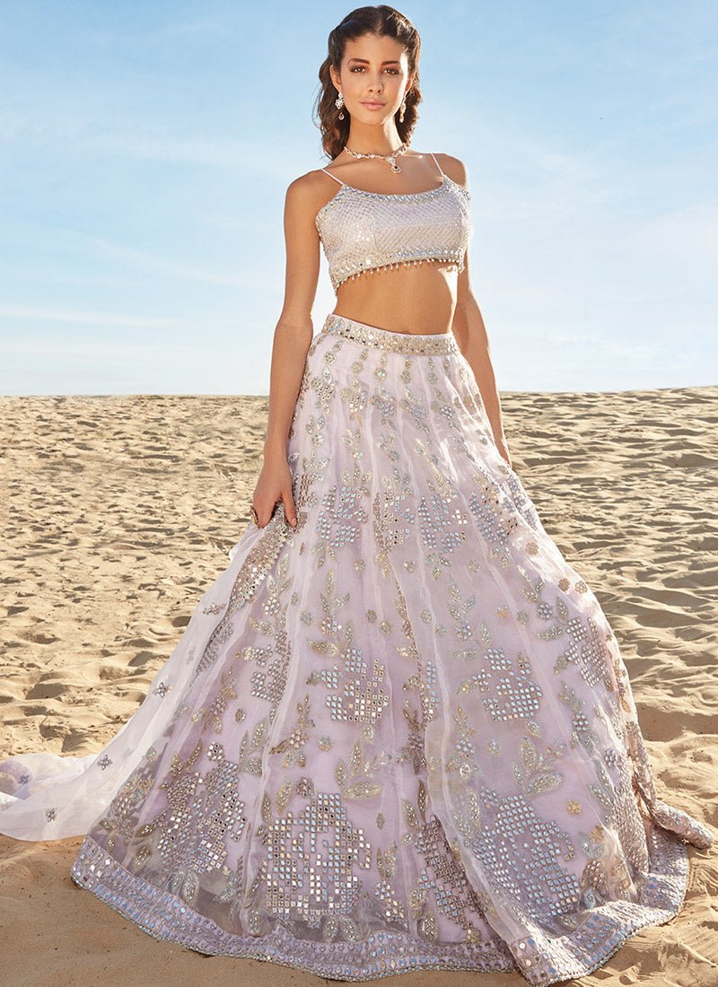 Soft Lavender Mirror Embroidered Organza Lehenga - Lashkaraa