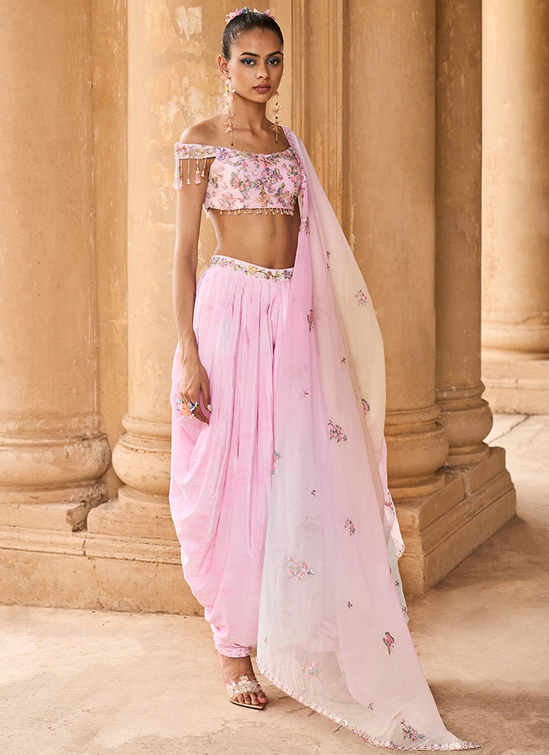 Soft Pink Off Shoulder Dhoti Style Suit - Lashkaraa