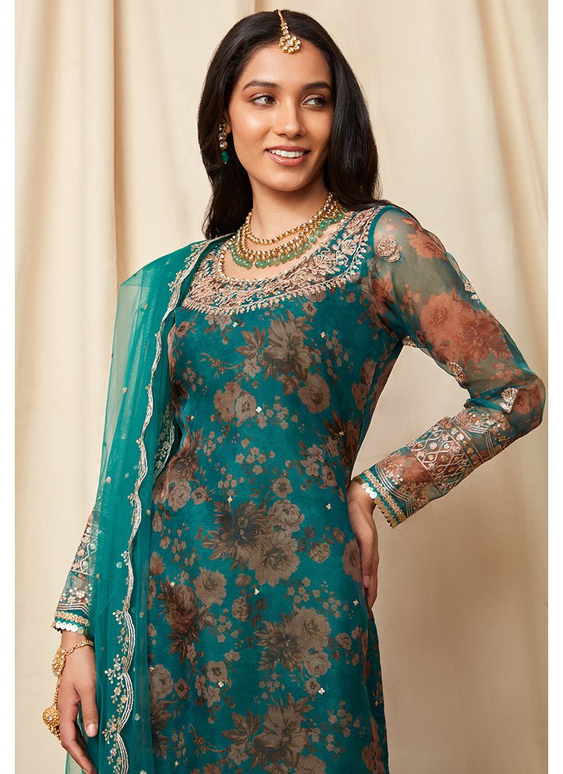 Teal Green Floral Organza Suit - Lashkaraa