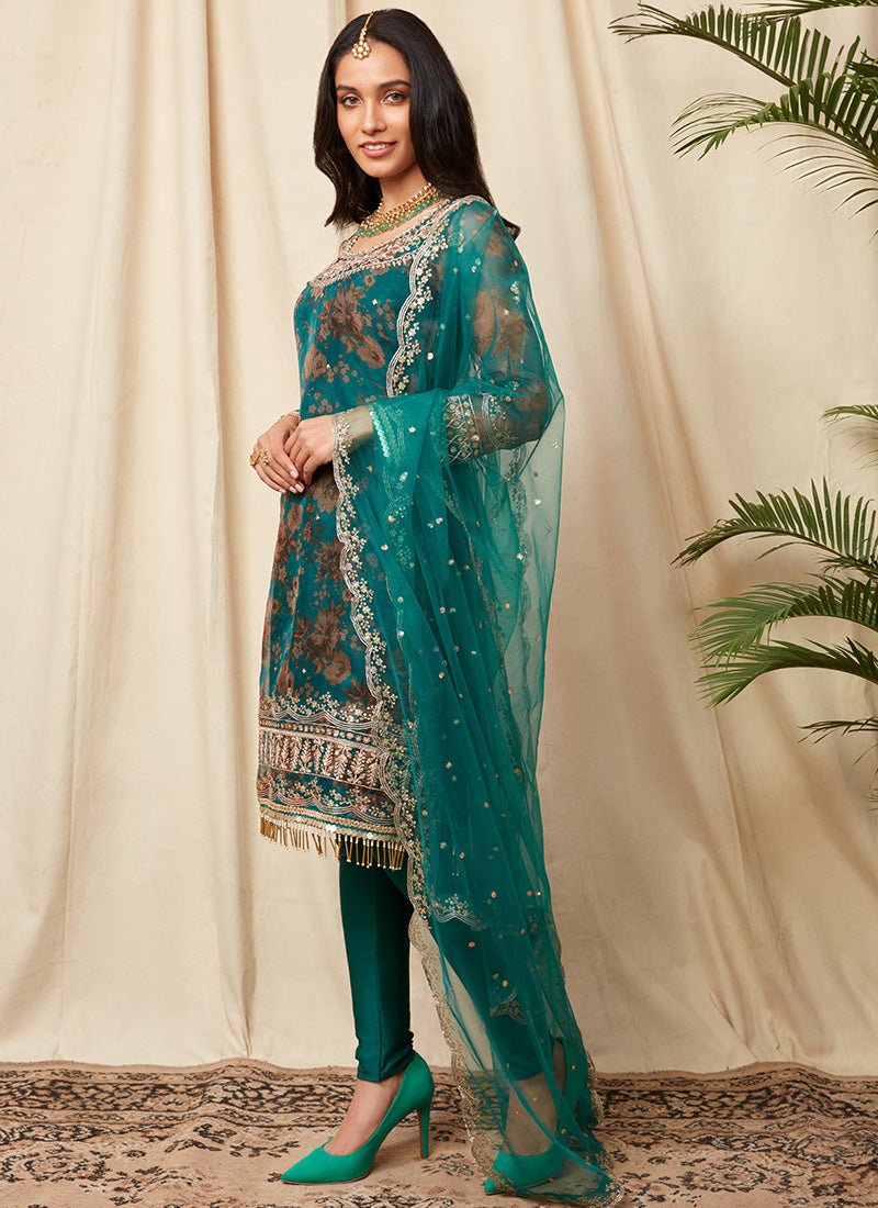 Teal Green Floral Organza Suit - Lashkaraa