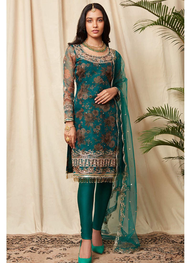 Teal Green Floral Organza Suit - Lashkaraa