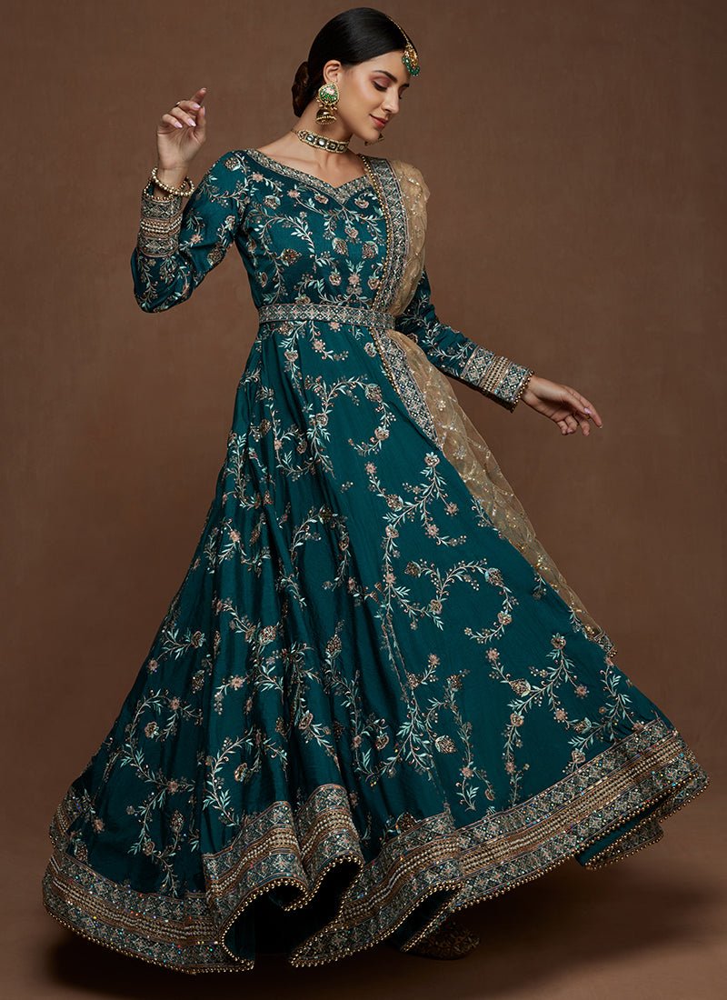 Teal Heavy Embroidered Silk Anarkali - Lashkaraa