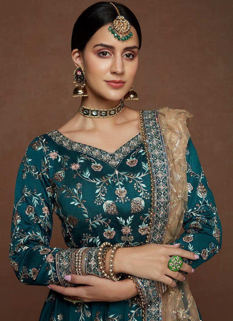 Teal Heavy Embroidered Silk Anarkali - Lashkaraa