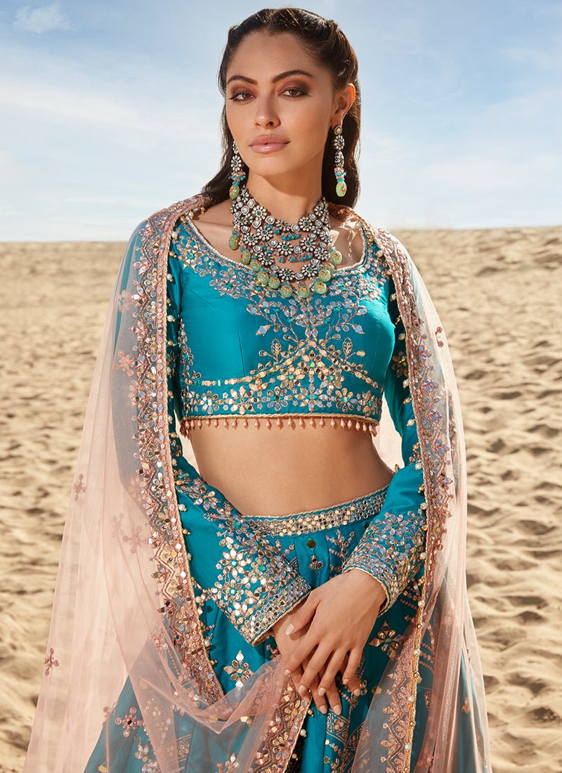 Teal Mirror Embroidered Satin Lehenga - Lashkaraa