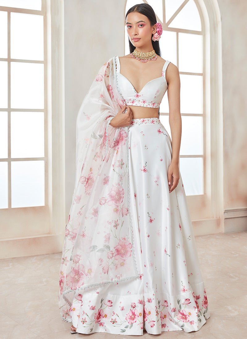 White and Pink Floral Printed Lehenga - Lashkaraa