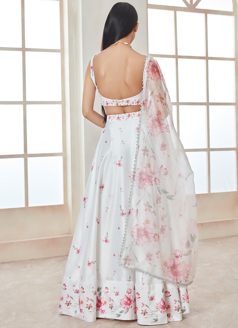 White and Pink Floral Printed Lehenga - Lashkaraa