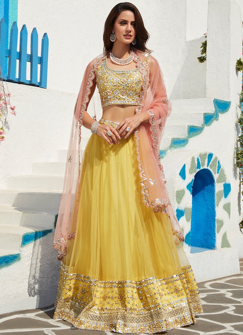 Yellow and Pink Embroidered Net Lehenga - Lashkaraa